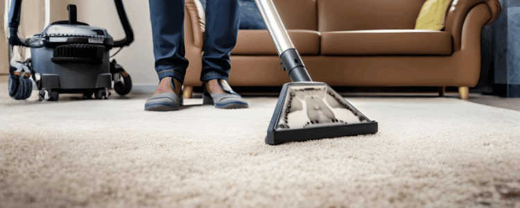 Low-angle shot of a professional carpet cleaning wand steaming a beige carpet in a residential living room. The image depicts the hot water extraction method used by Your Royal Carpet Care to ensure deep cleaning that is safe for pets and families.